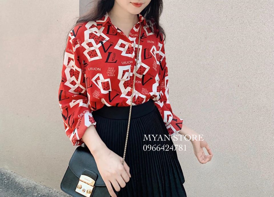 áo sơ mi cổ đức họa tiết FF, LV