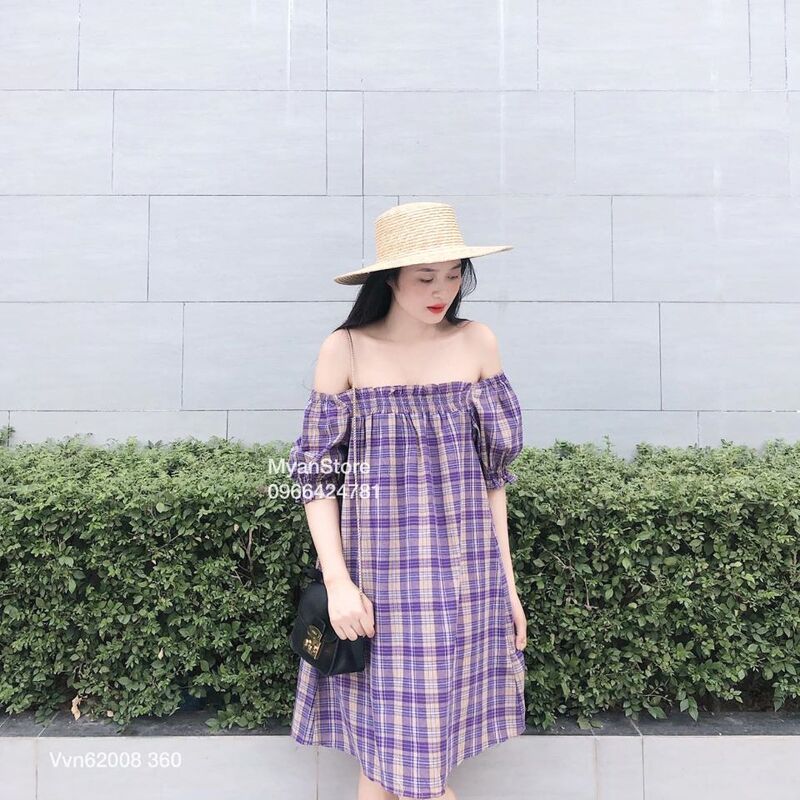 Váy kẻ karo trễ vai (3m)