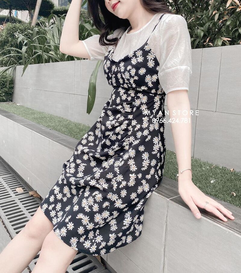 Váy hoa cúc phối voan tơ nhún lệch