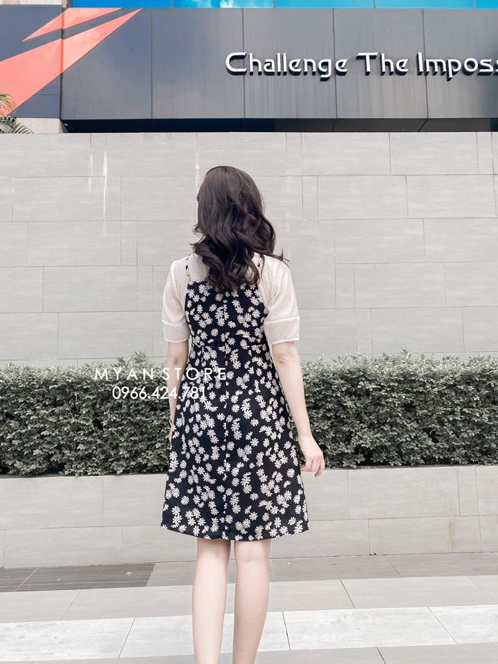 Váy hoa cúc phối voan tơ nhún lệch