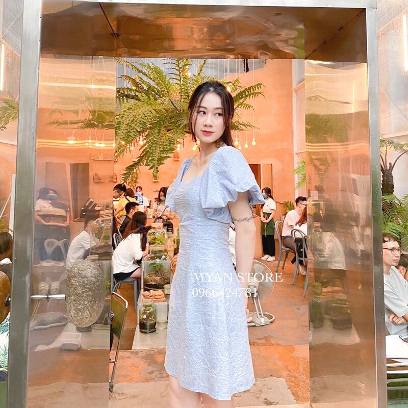 Váy gấm tay phồng đai eo (2m)