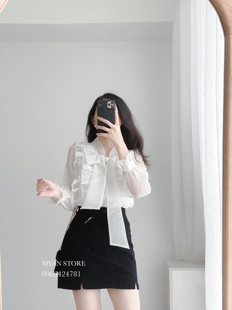 Áo organza cổ nơ bèo dọc (4m)