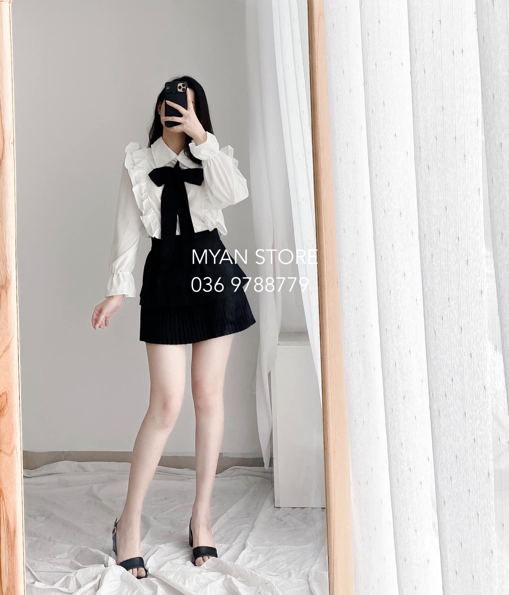 Áo sơ mi trắng cổ đức bèo phối nơ đen