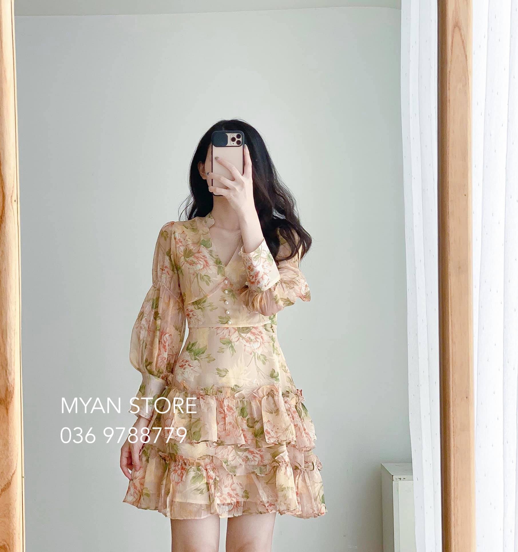 Váy hoa cổ V 2 tầng bèo nhún