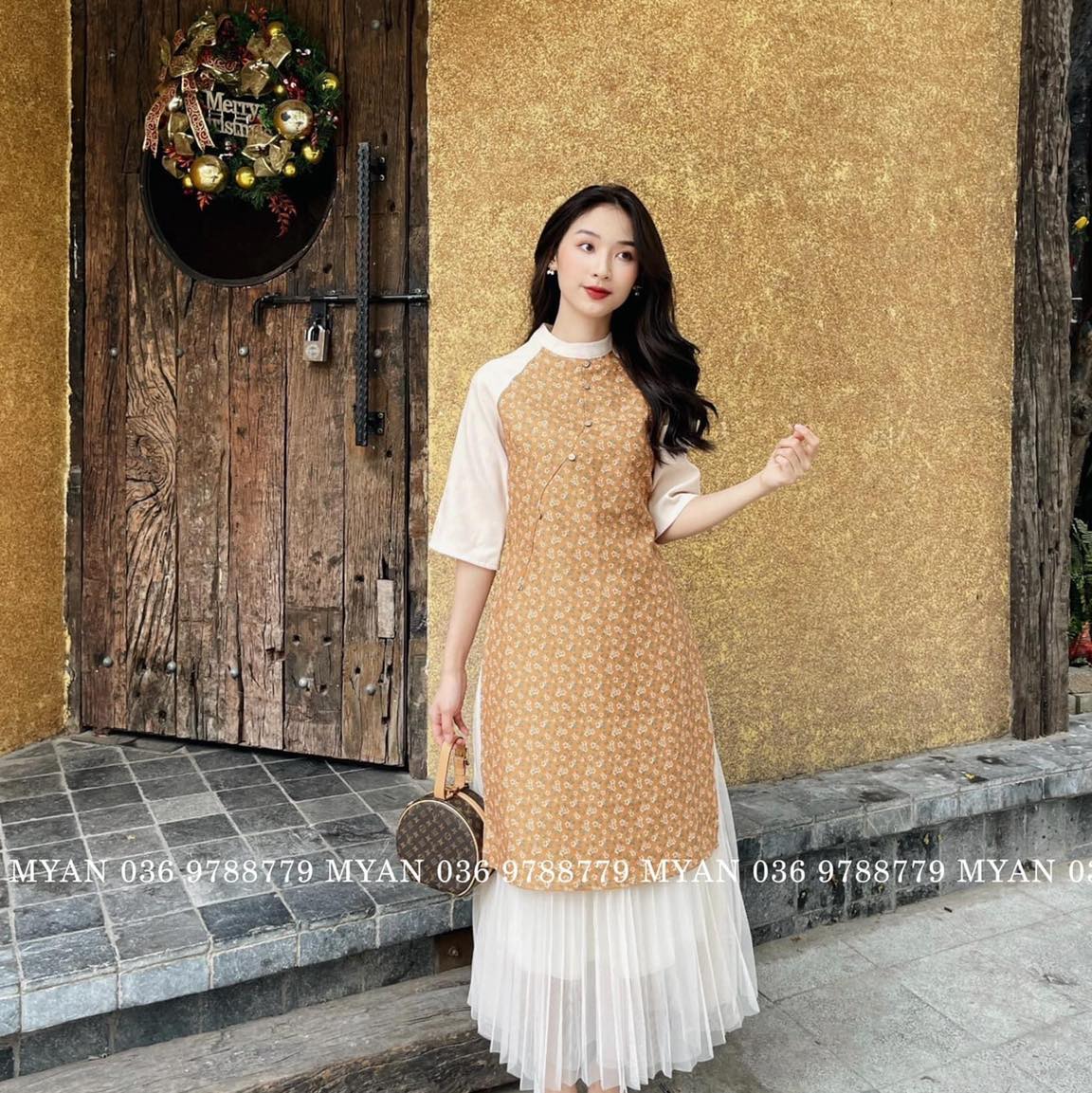 Áo dài hoa phối tay cúc lượn (2m)
