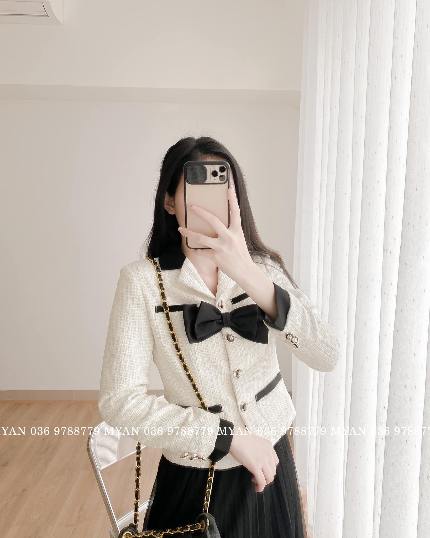 Áo tweet phối + tay, nơ đen