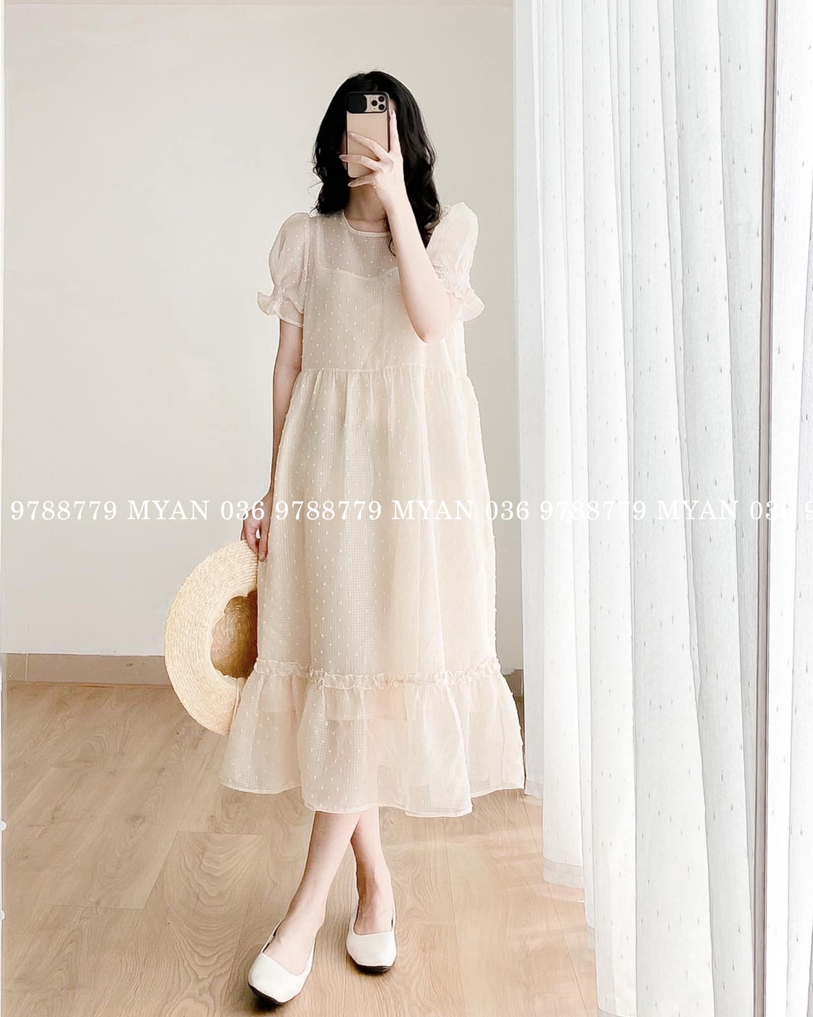 Váy babydoll tơ hạt chun tay