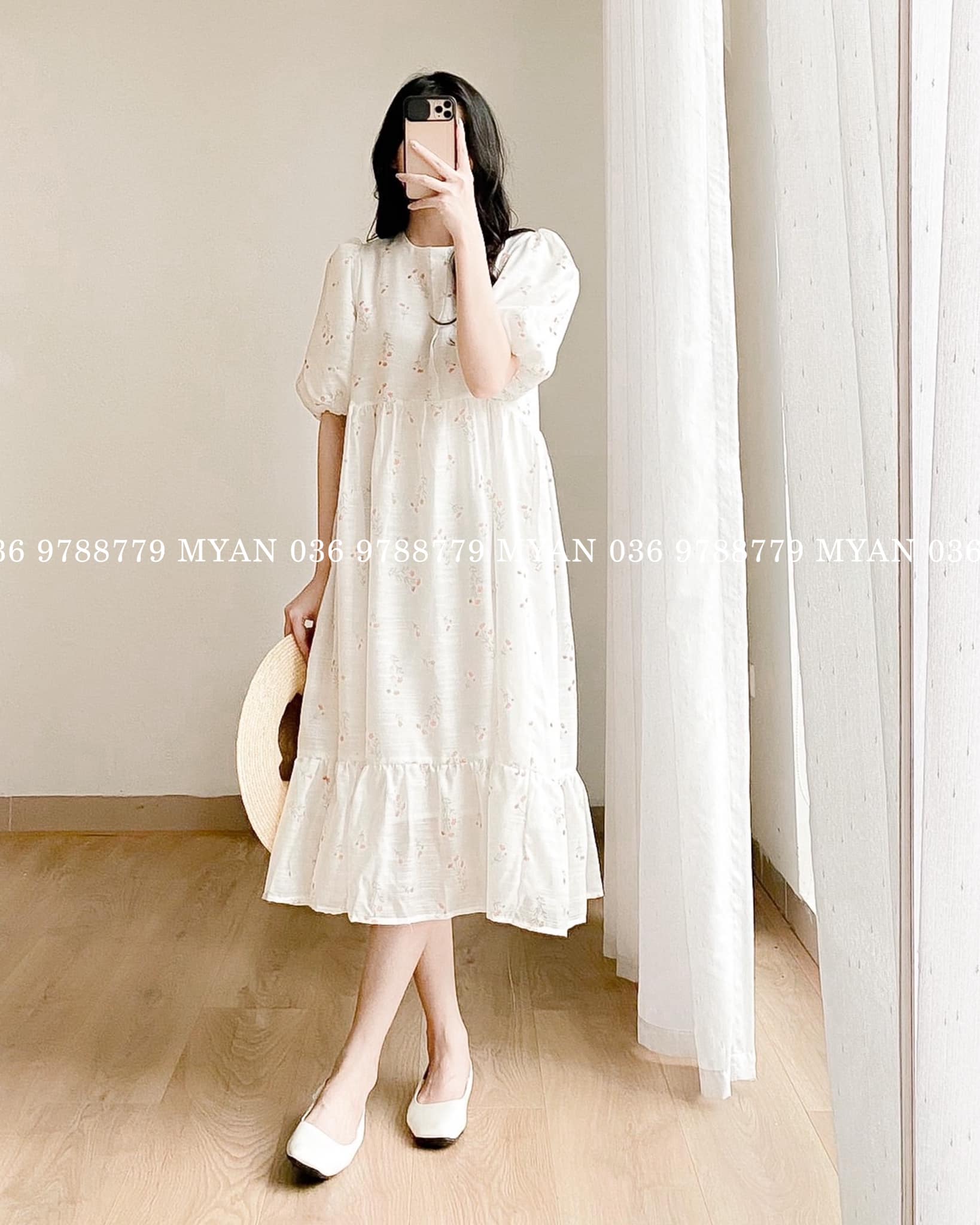 Váy babydoll hoa chân cá, tay bồng, mở cúc