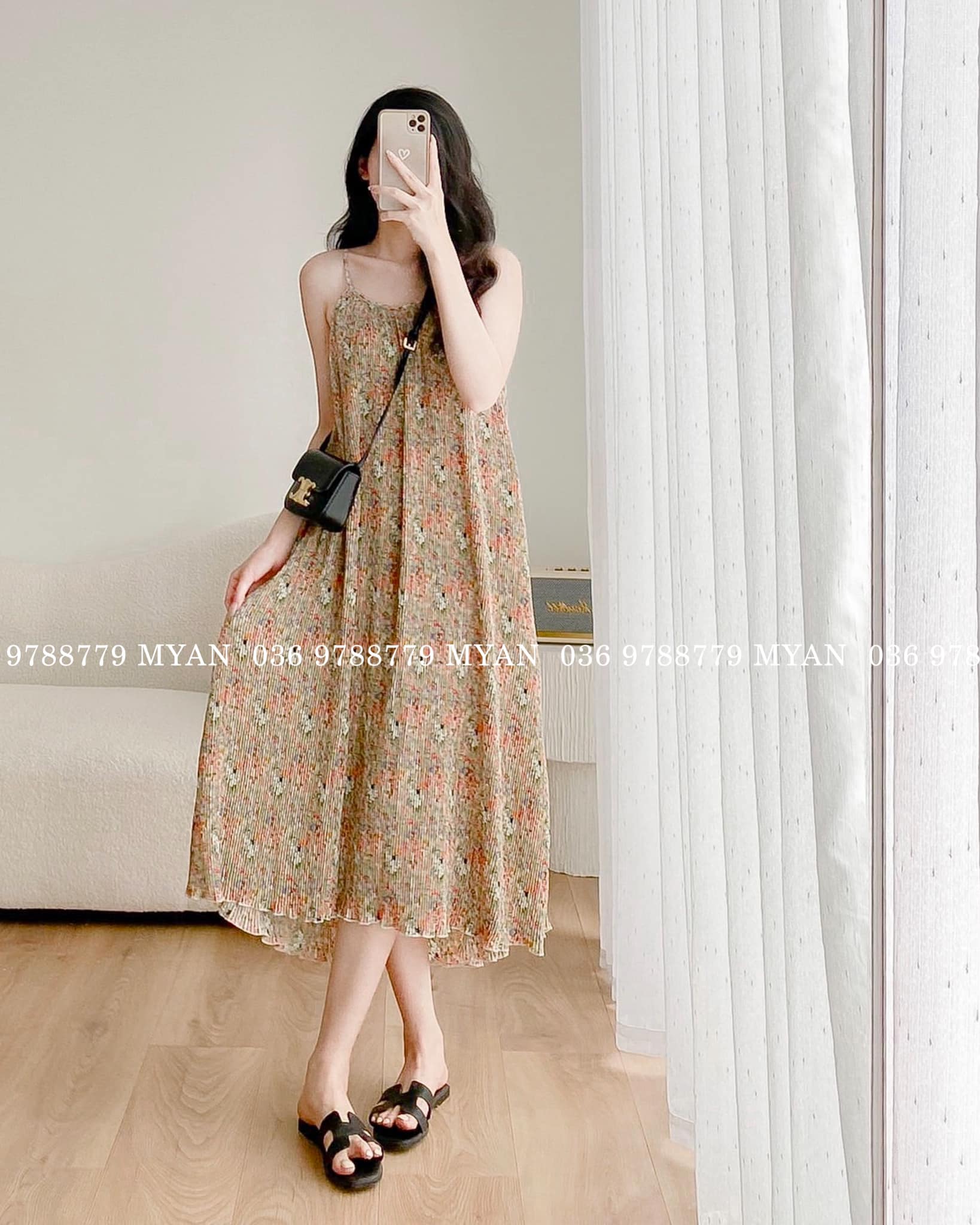 Váy hoa 2 dây dập ly (3m)