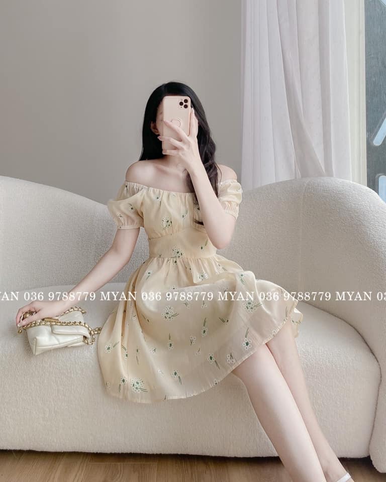 Váy tơ hoa cổ thuyền, hở lưng, nơ sau