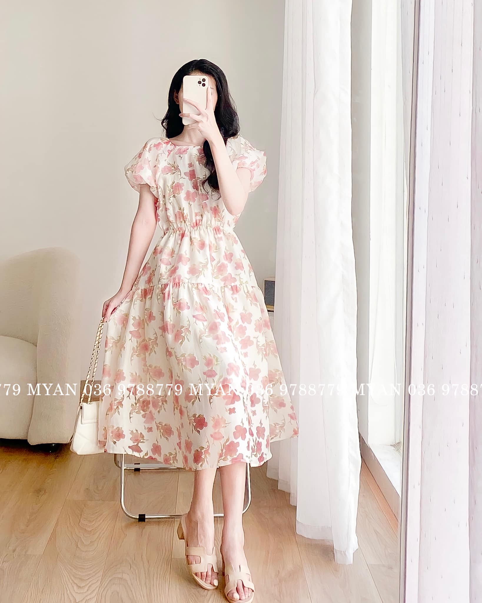 Váy hoa chun eo buộc nơ sau