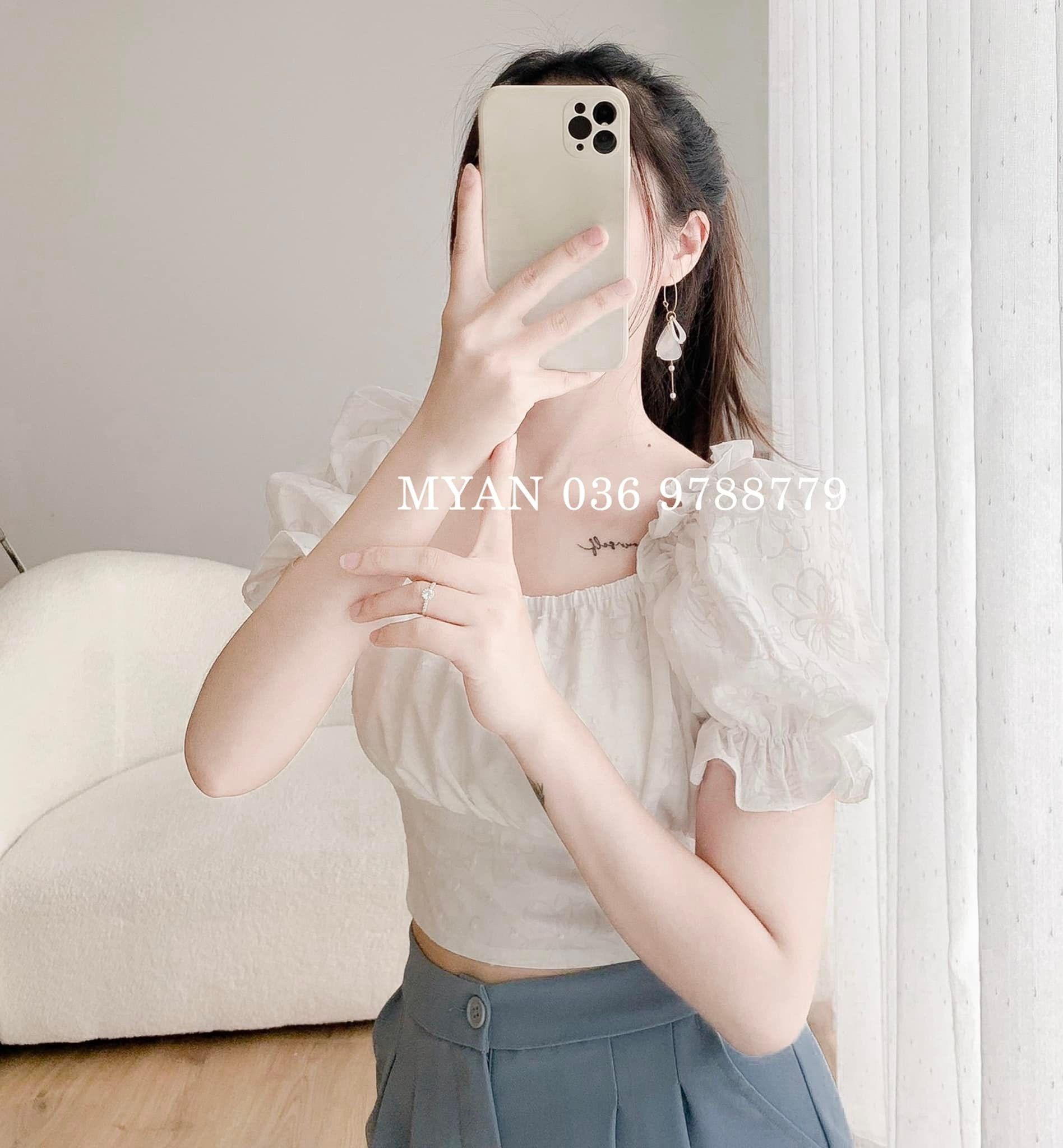 Áo croptop tay bồng, buộc nơ sau