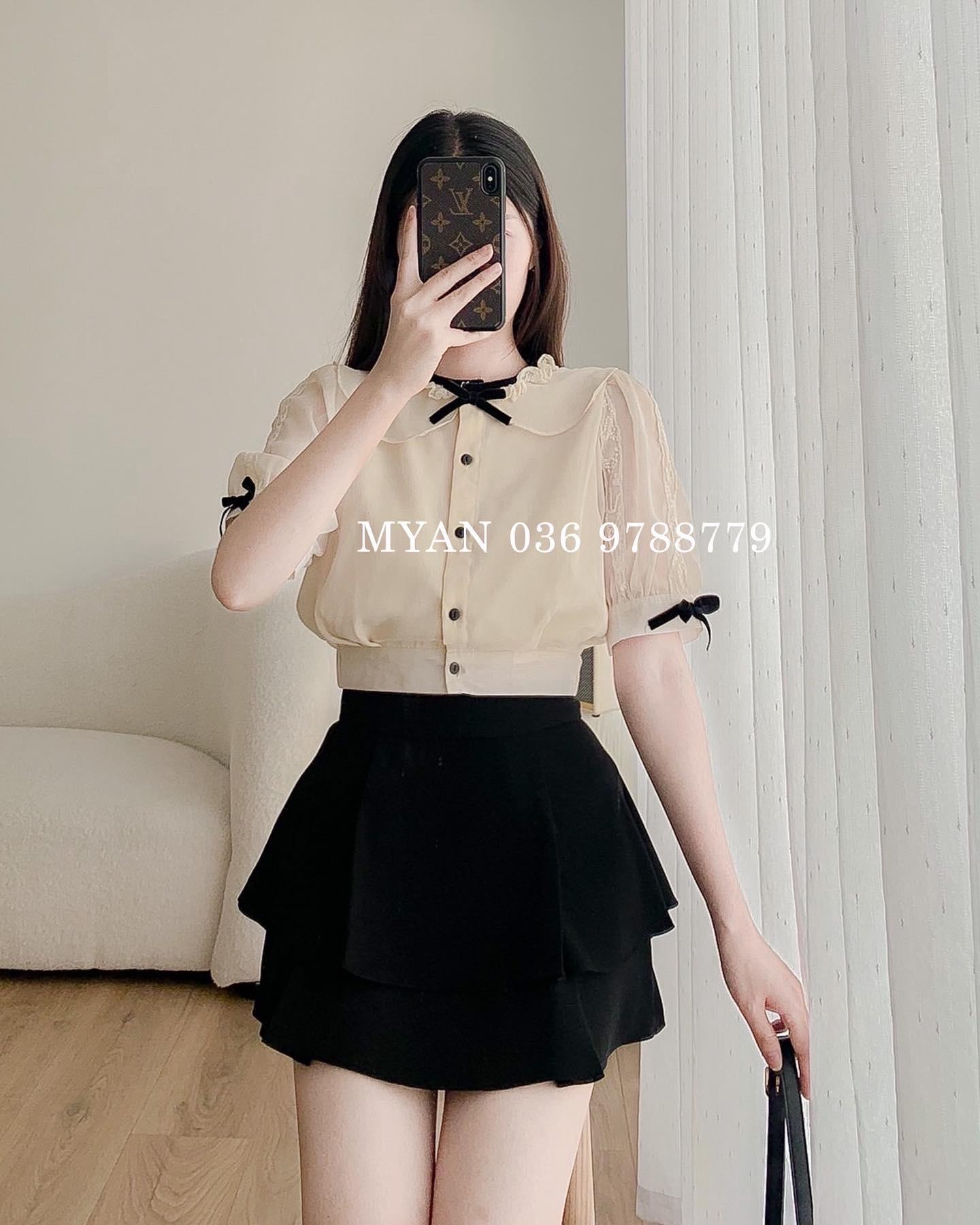 Áo sơ mi cộc tay phối nơ cổ sen