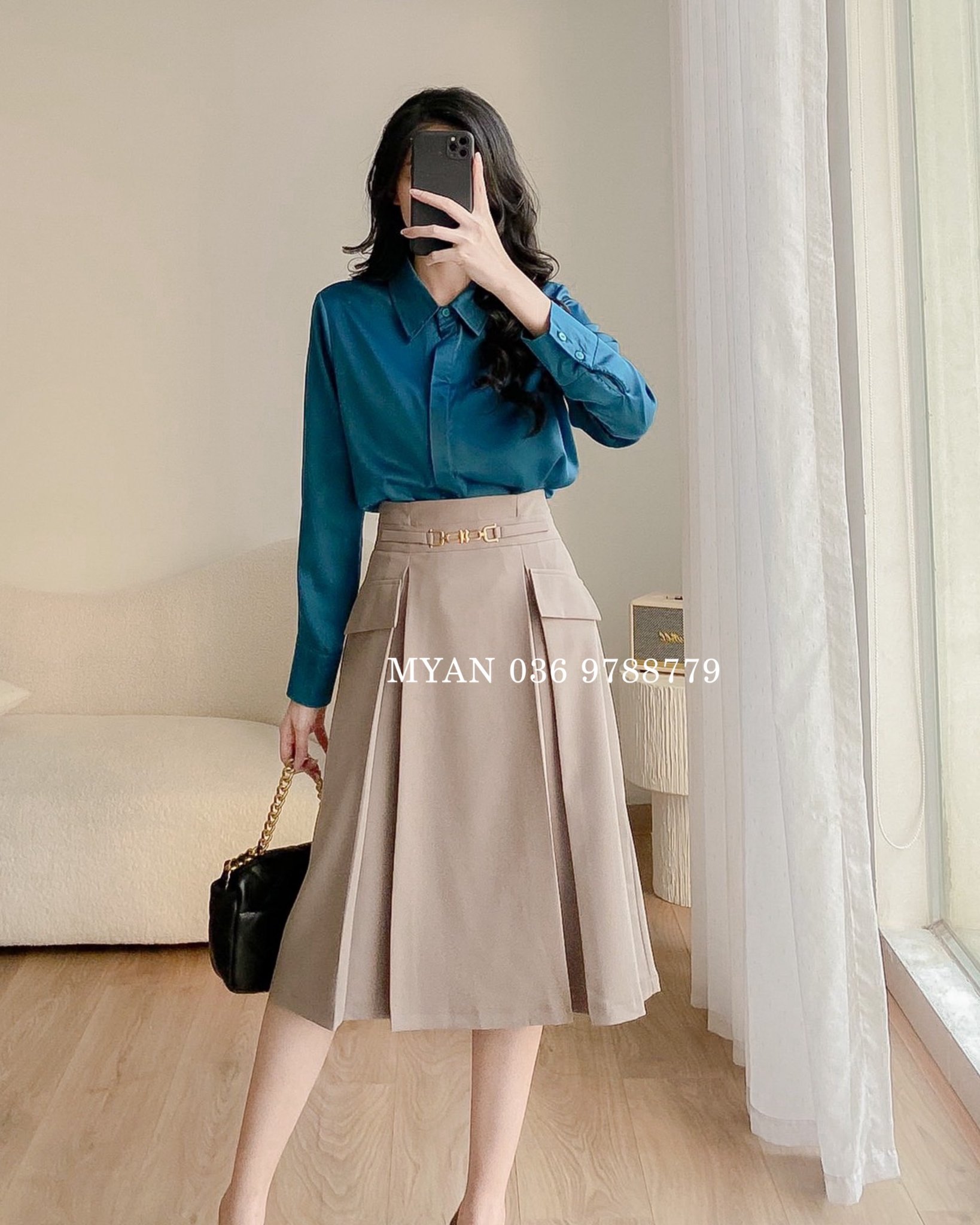 Chân váy A, 2 túi, đai móc lệch