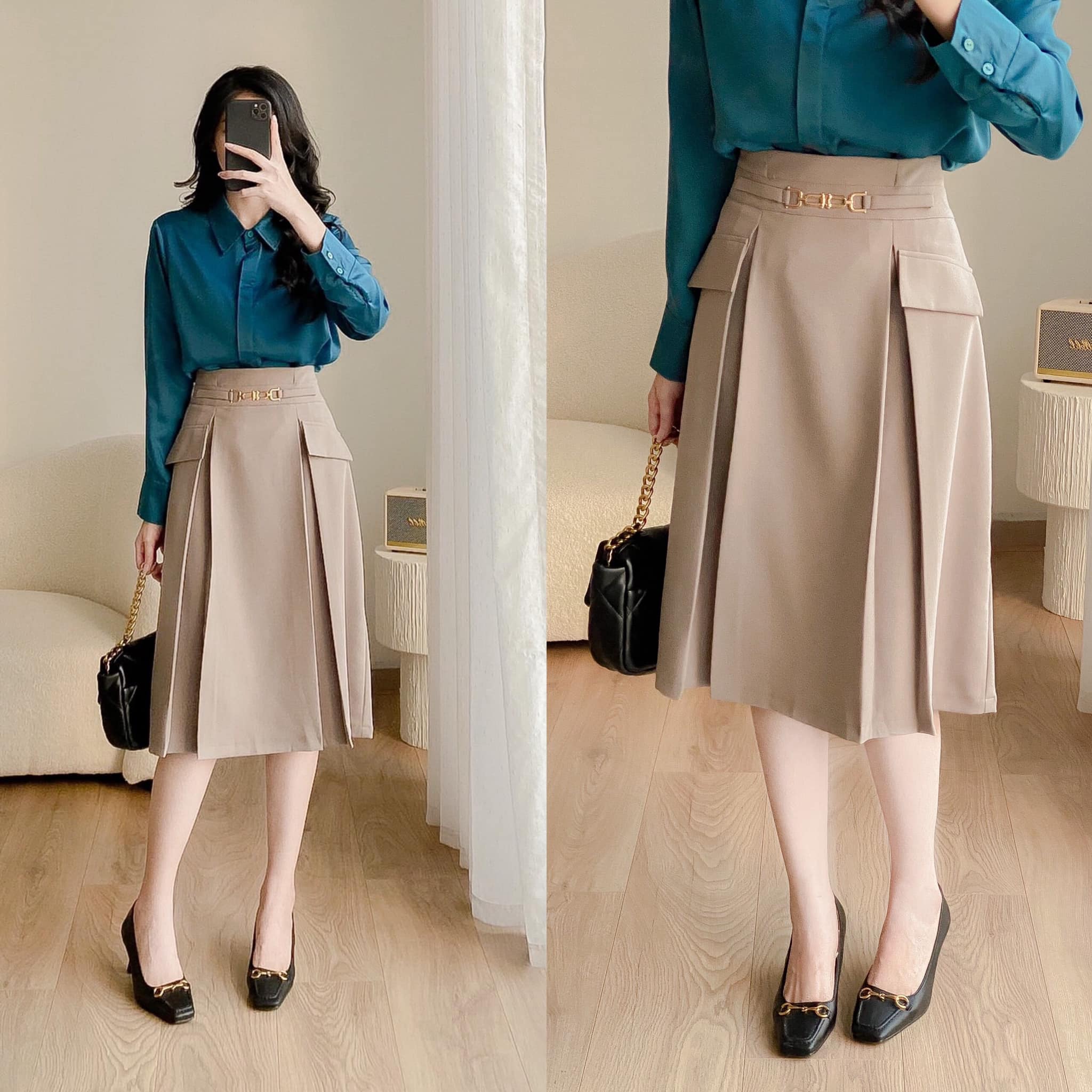 Chân váy A, 2 túi, đai móc lệch