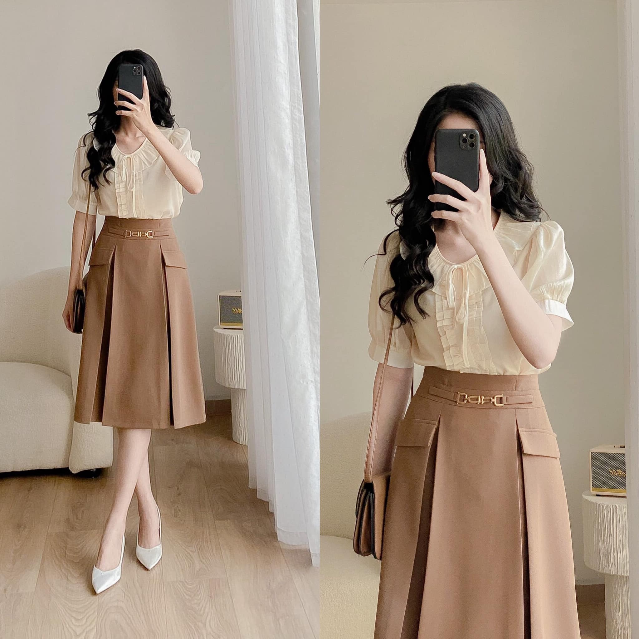 Chân váy A, 2 túi, đai móc lệch