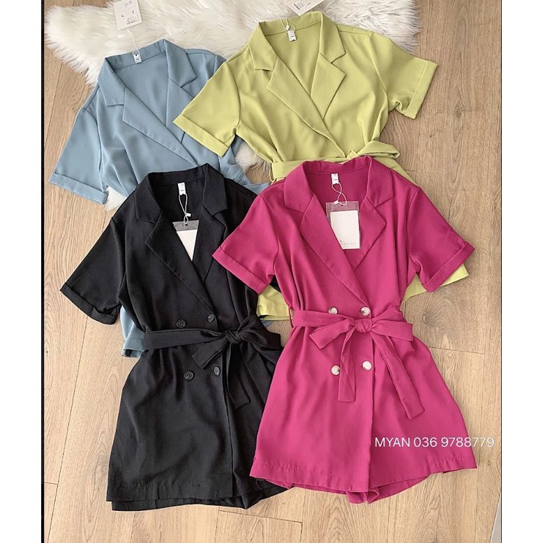 Bộ Jump cổ Vest 4 cúc kèm đai JS, Jumpsuit liền quần gập gấu MYAN - qvn052203 - Đen - L