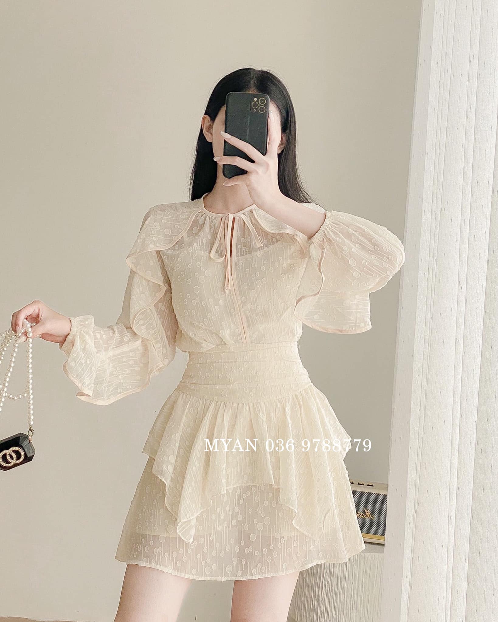 Set áo voan hạt bèo tay + chân váy