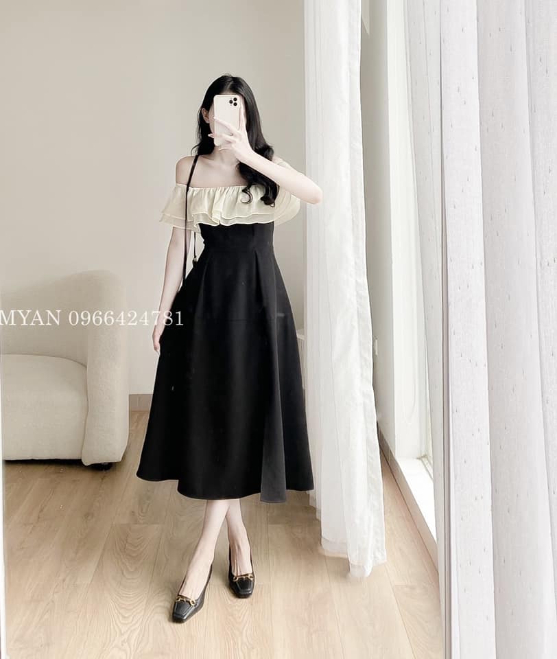 Váy trễ vai phối bèo cổ