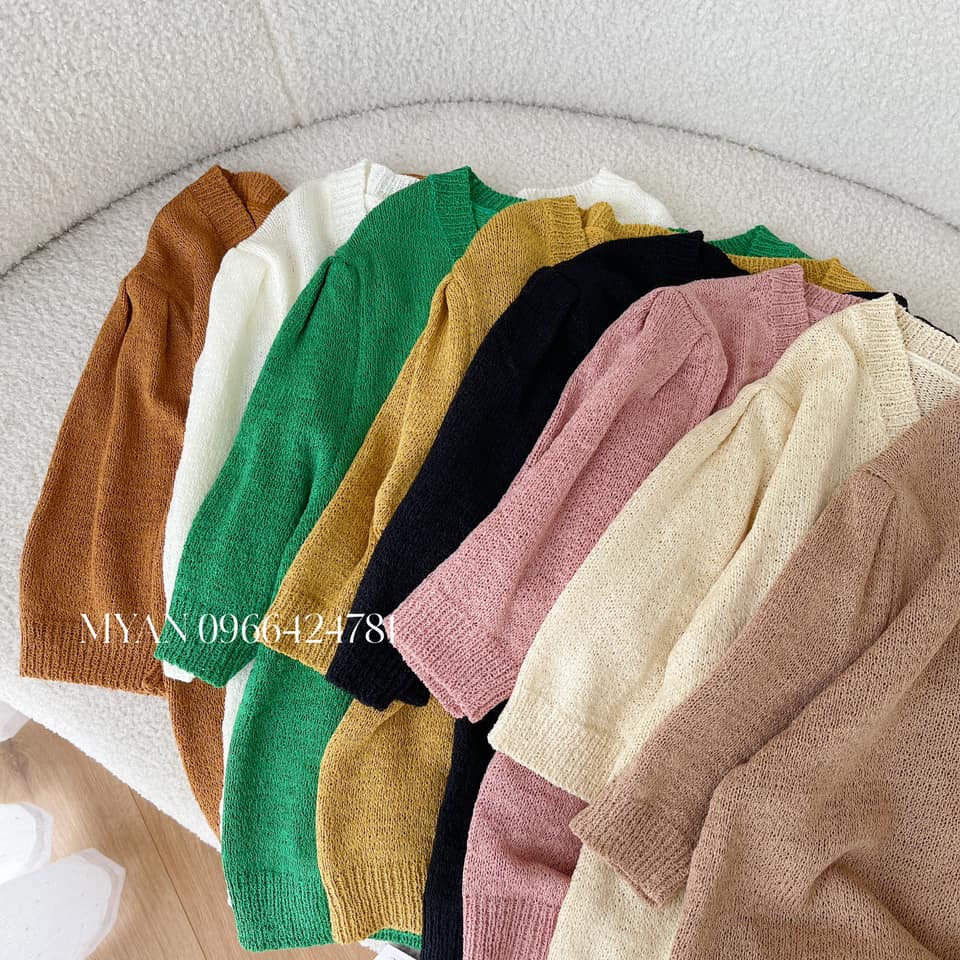Áo len mỏng cổ tim nhấn viền tay bồng( 823)