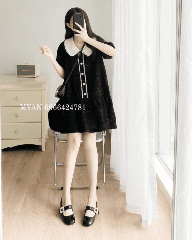 Váy dạ suông phối cổ