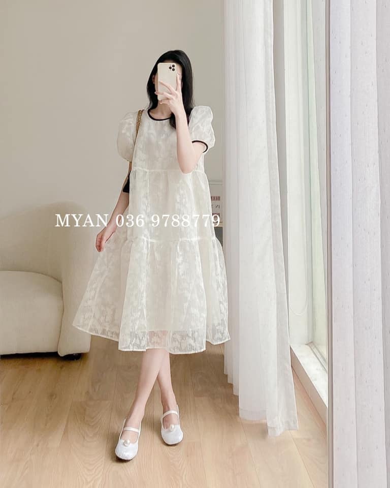 Váy hoa babydoll 2 tầng phối cổ tay bồng