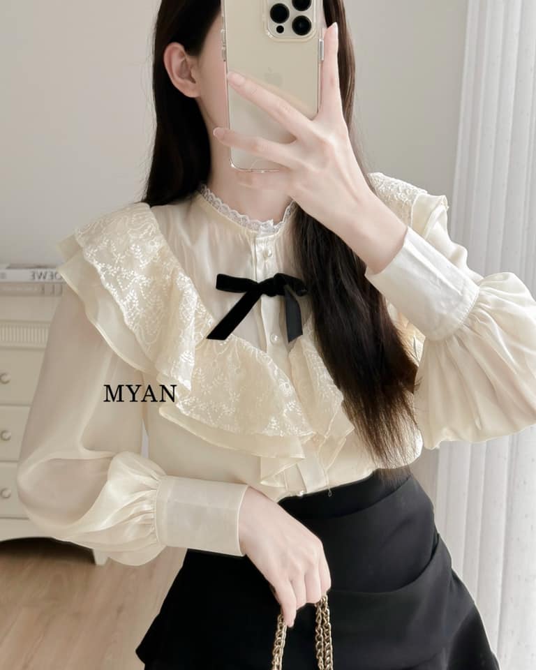 Sơ mi phối ren dài tay, bèo 2 tầng
