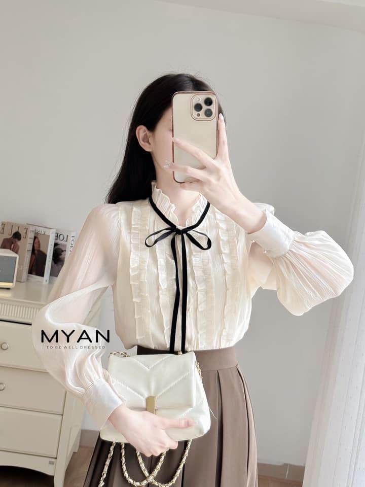 Áo sơ mi tơ nơ cổ phối bèo trước