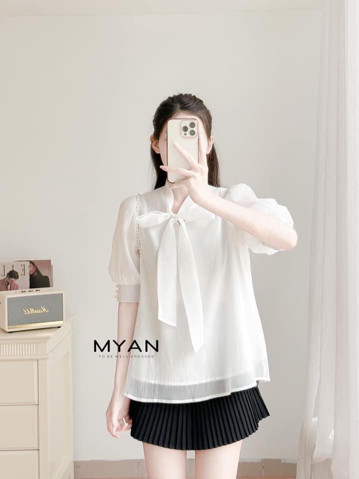 Áo sơ mi cúc ngọc cộc tay buộc nơ cổ