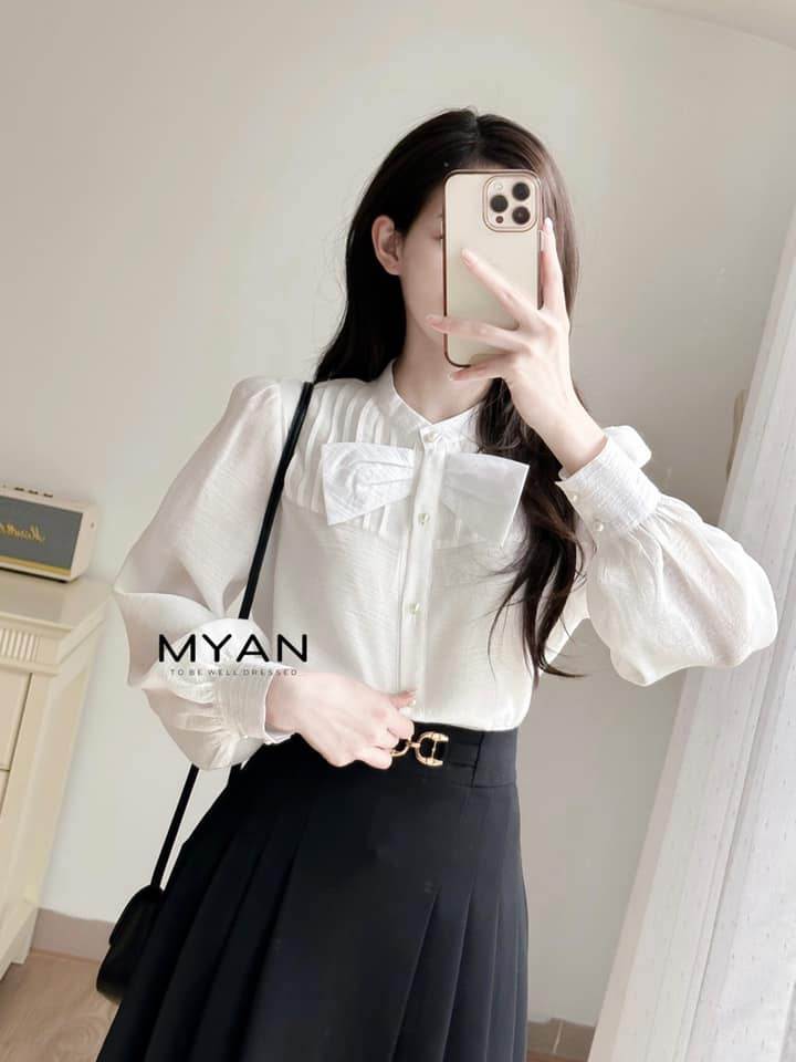 Áo sơ mi cổ tàu xếp ly thân trước, nơ ngực