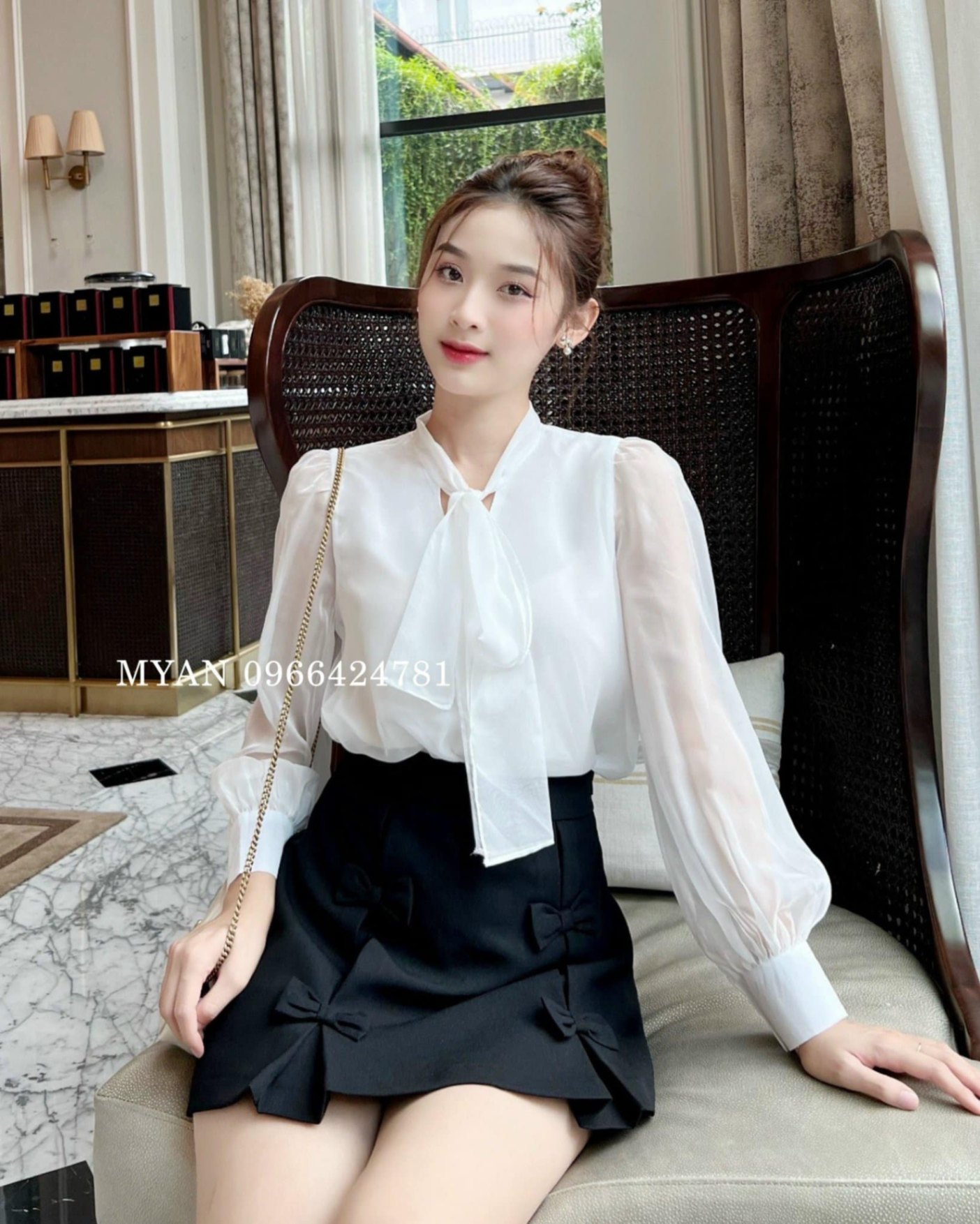 Sơ mi tơ tay bồng cổ nơ