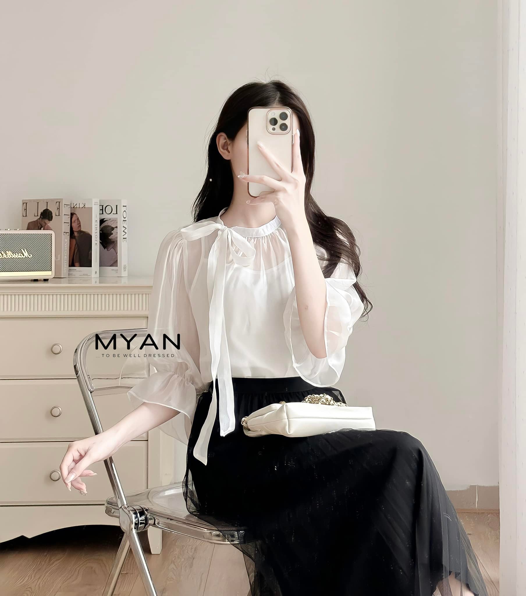 Sơ mi bèo tay nơ cổ, kèm lót 2 dây