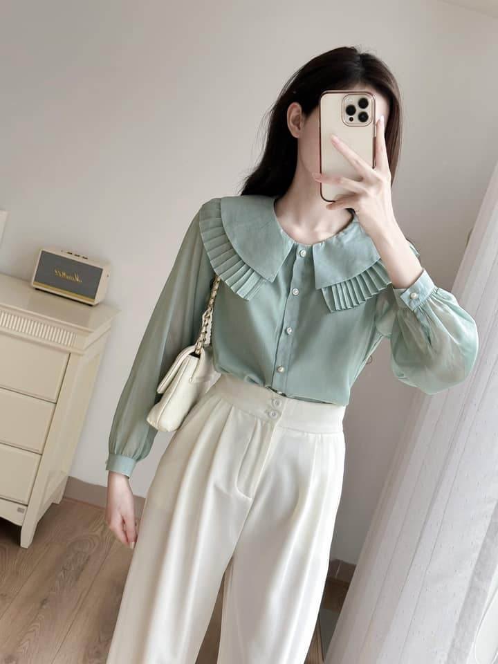 Áo tơ cổ sen cúc ngọc xếp ly