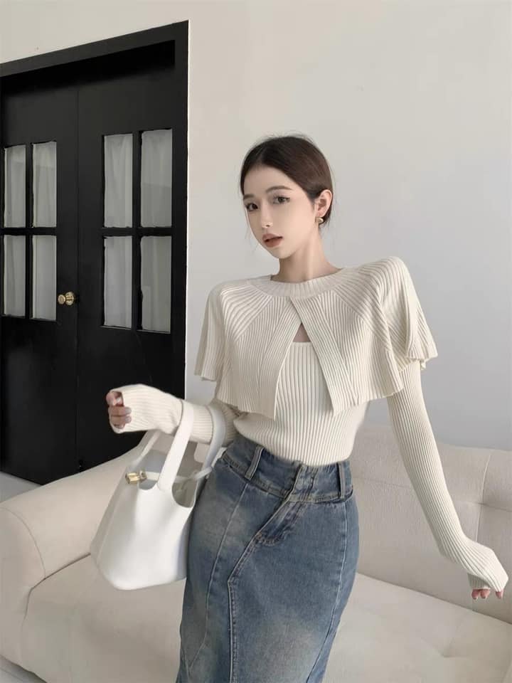 Áo len gân dài tay cổ phủ bèo( 2260)