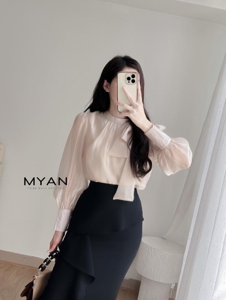 Sơ mi tơ cổ nơ lệch, tay 2 cúc