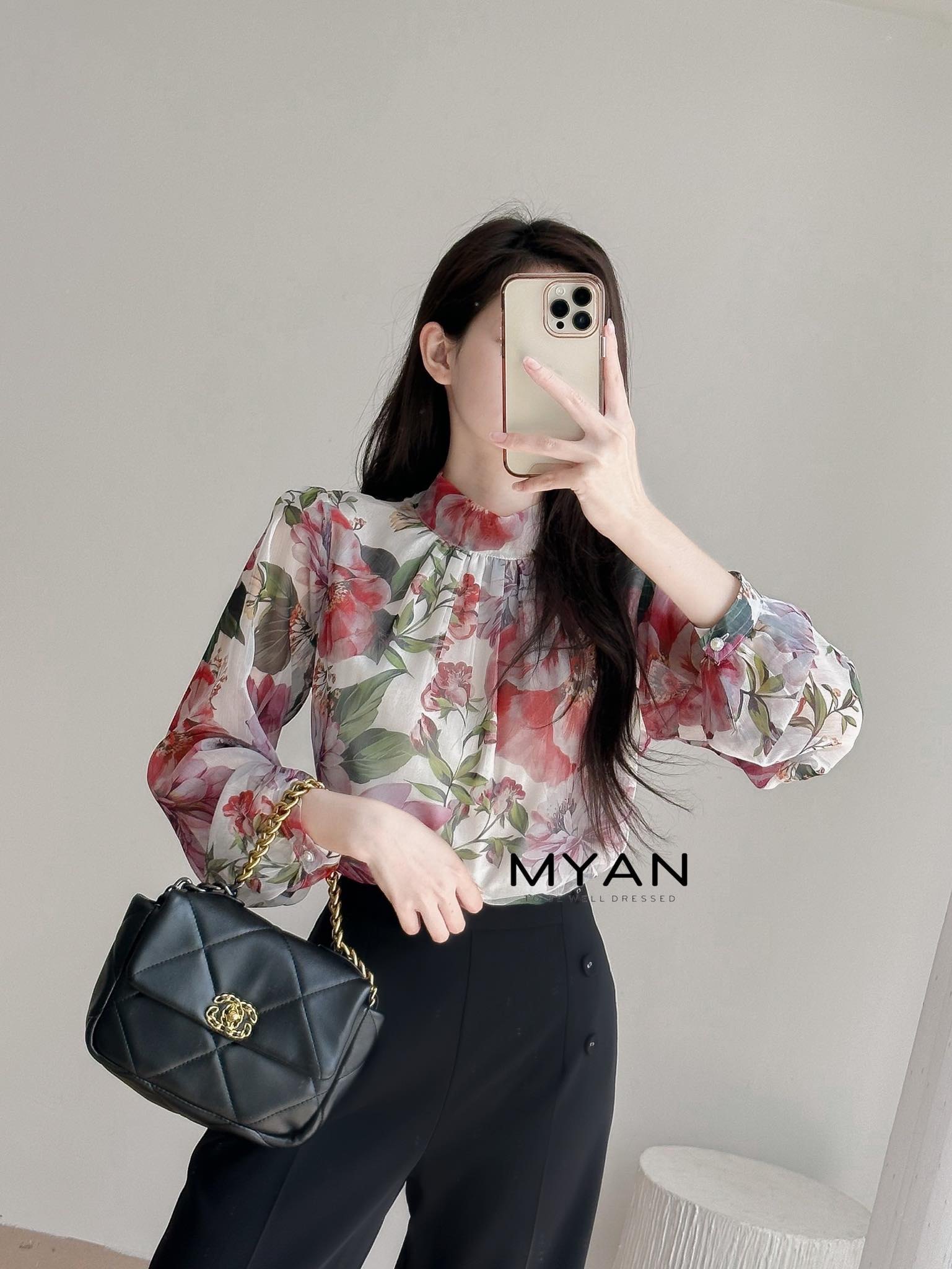 Áo sơ mi hoa buộc nơ sau
