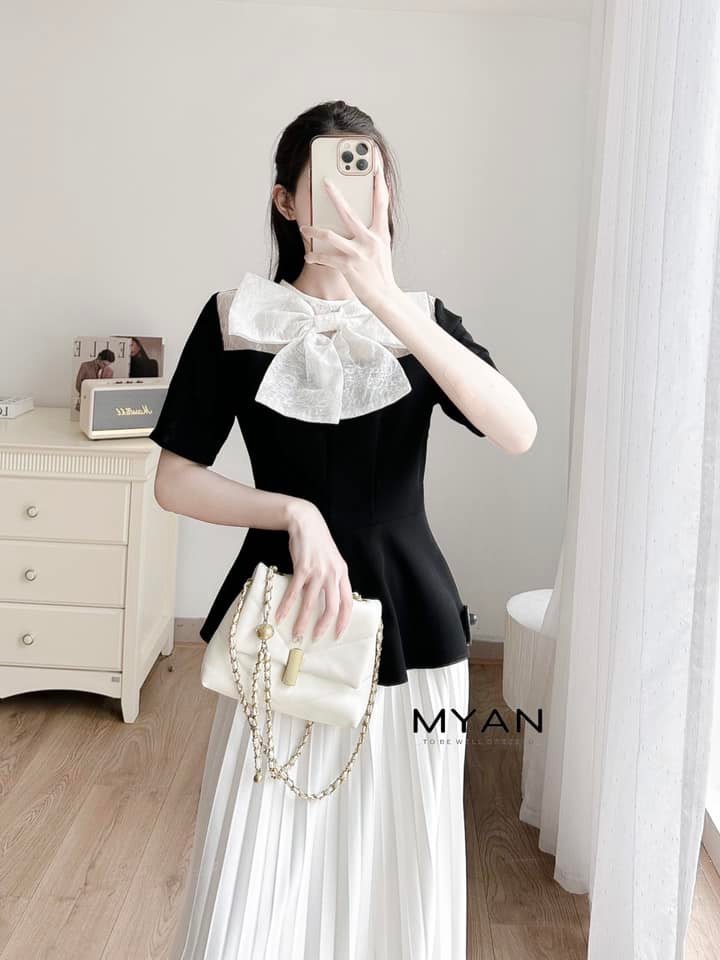 Áo peplum phối ren nơ trước ngực