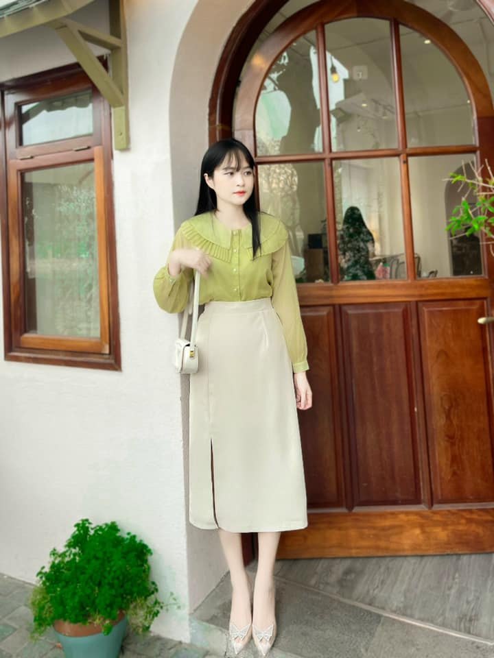 Chân váy midi xẻ trước cạp chun( 3312)