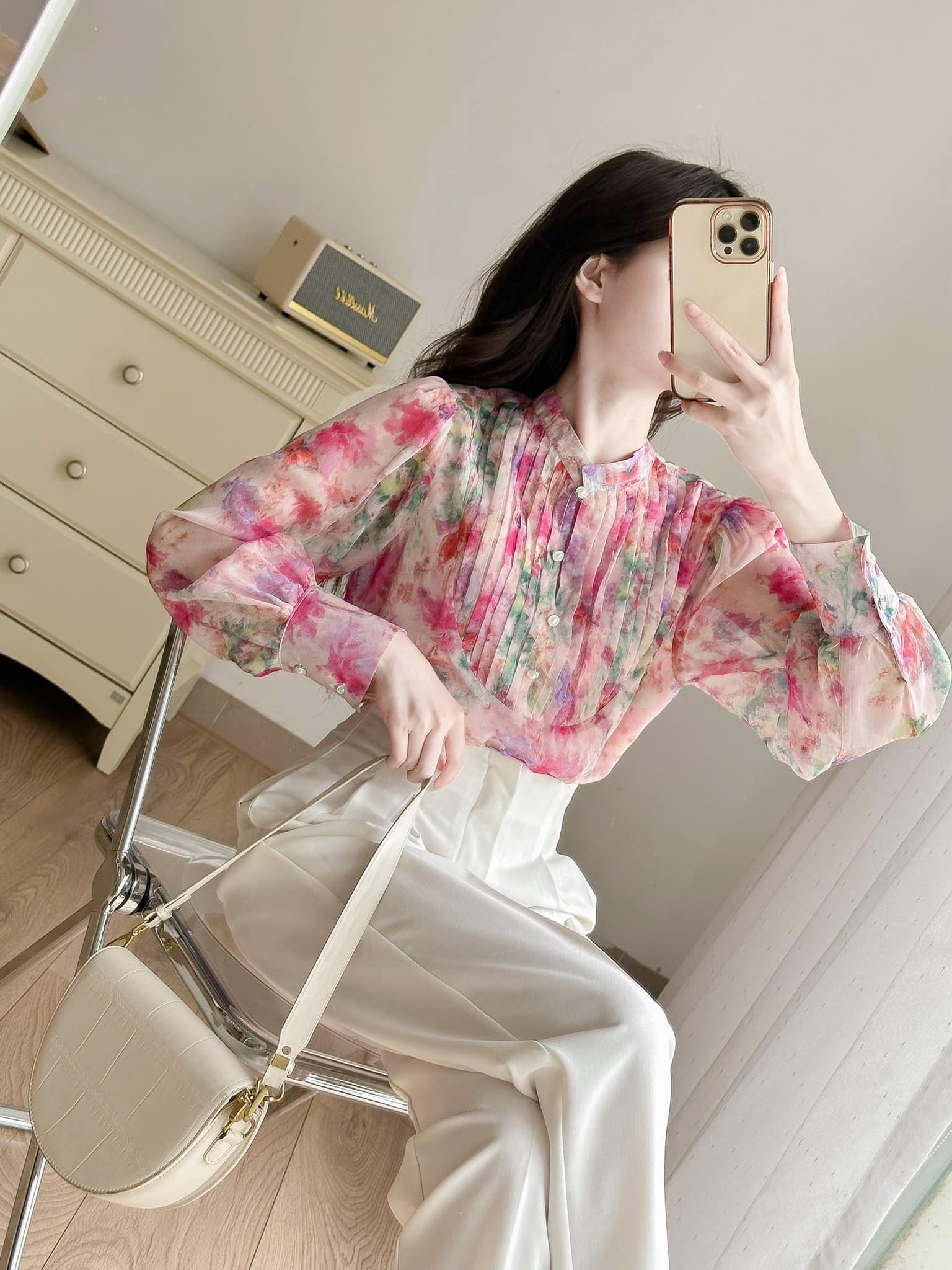 Sơ mi hoa cổ tàu xếp ly trước ngực