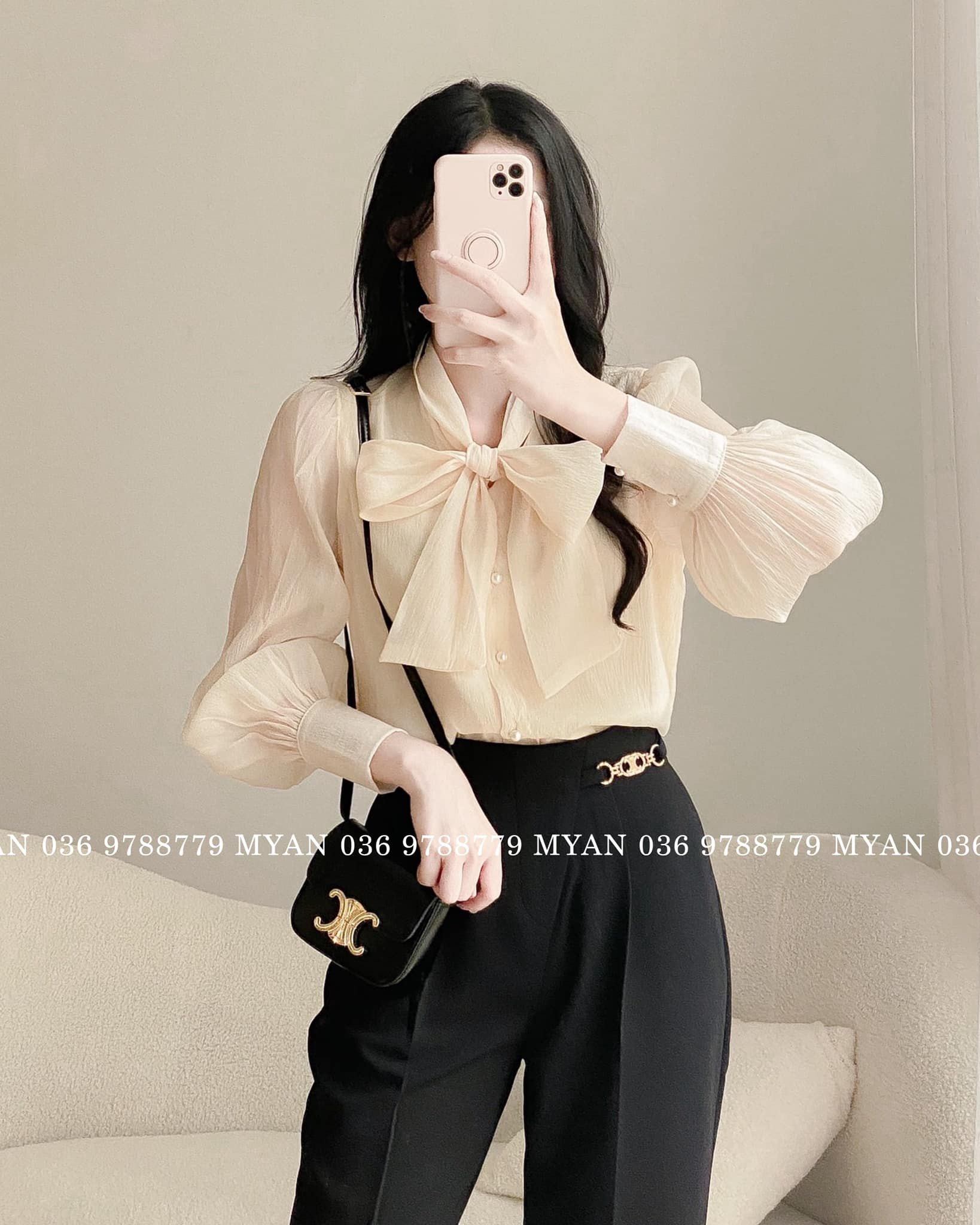 Sơ mi tơ buộc nơ cổ tay phồng