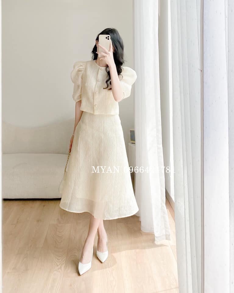 Set áo tay bồng + chân váy xòe dáng dài