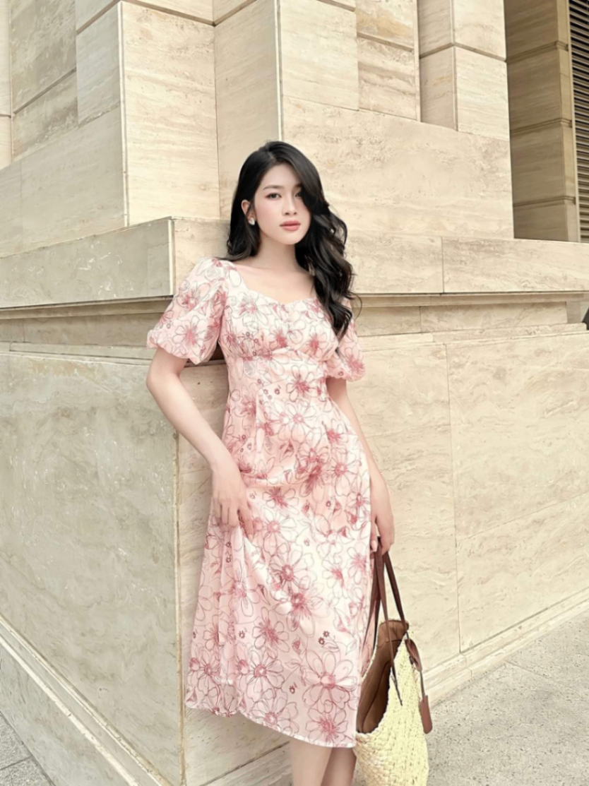 Váy voan hoa cổ vuông tay bồng