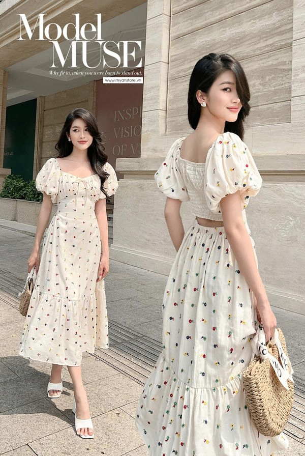 Váy thêu hoa cổ vuông tay bồng