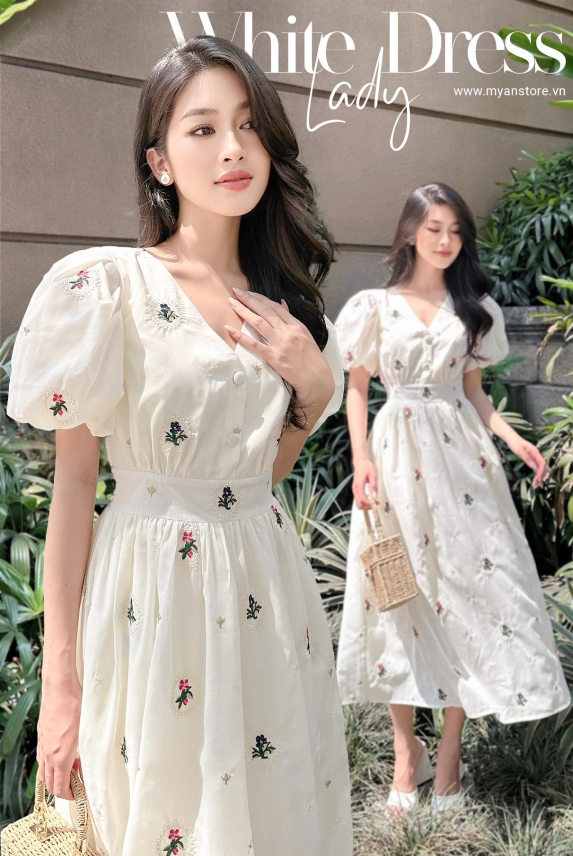 Váy thêu hoa cổ V thắt eo tay bồng