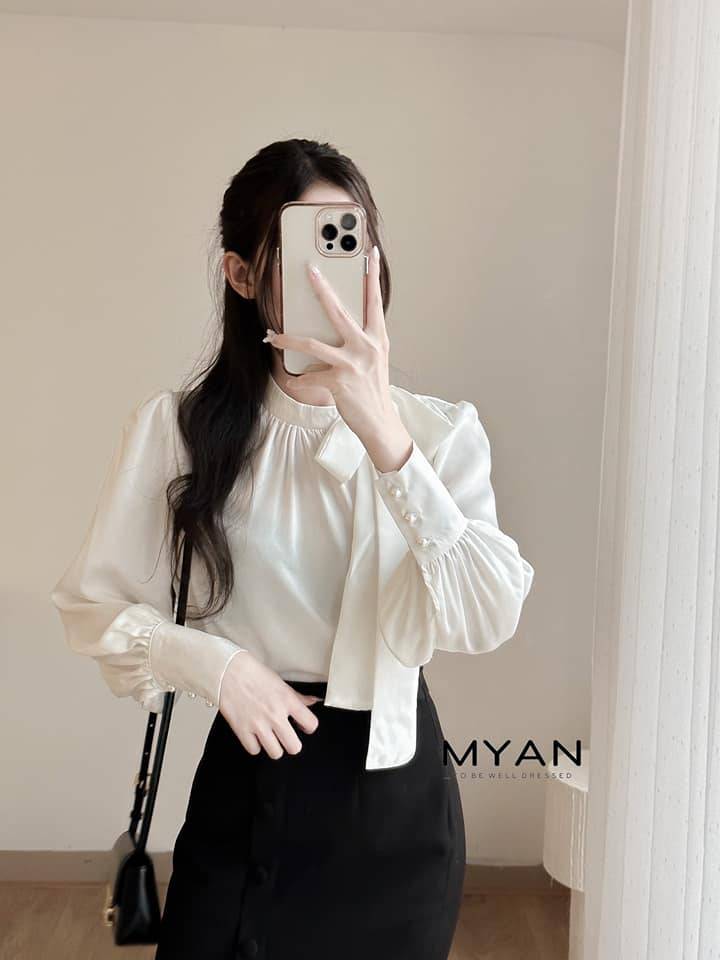 Sơ mi lụa cổ tàu cúc ngọc nơ lệch