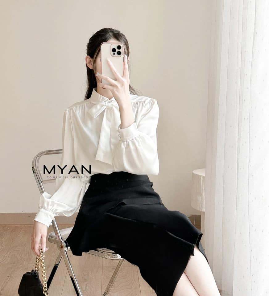 Sơ mi lụa cổ sen phối nơ tay 2 cúc