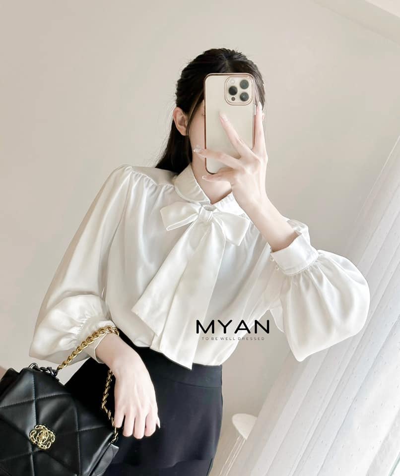 Sơ mi lụa cổ sen phối nơ tay 2 cúc