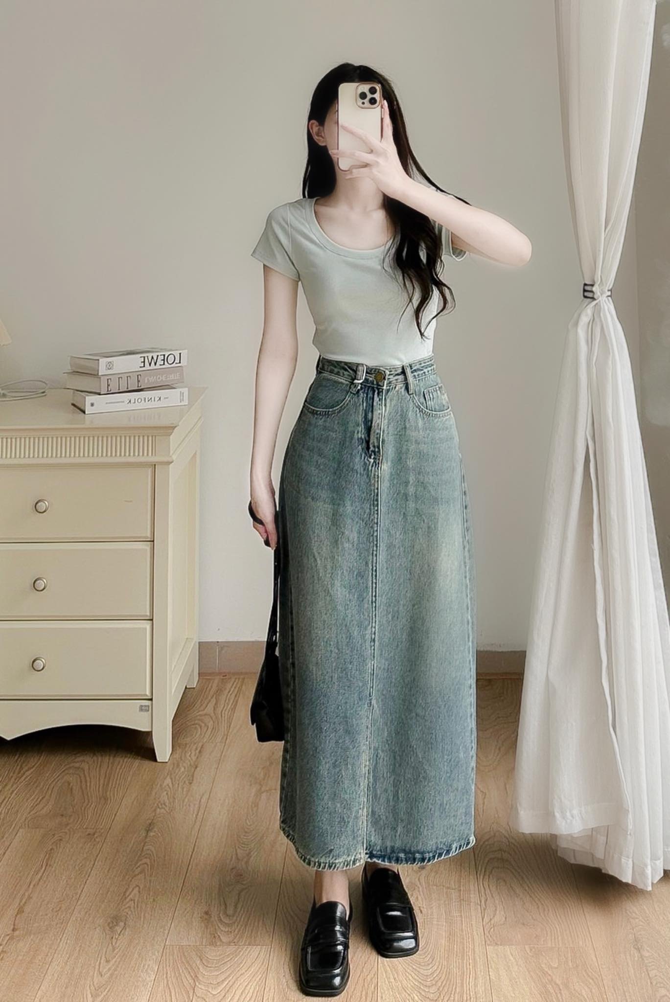 Chân váy jean dáng dài xẻ trước( 819008)