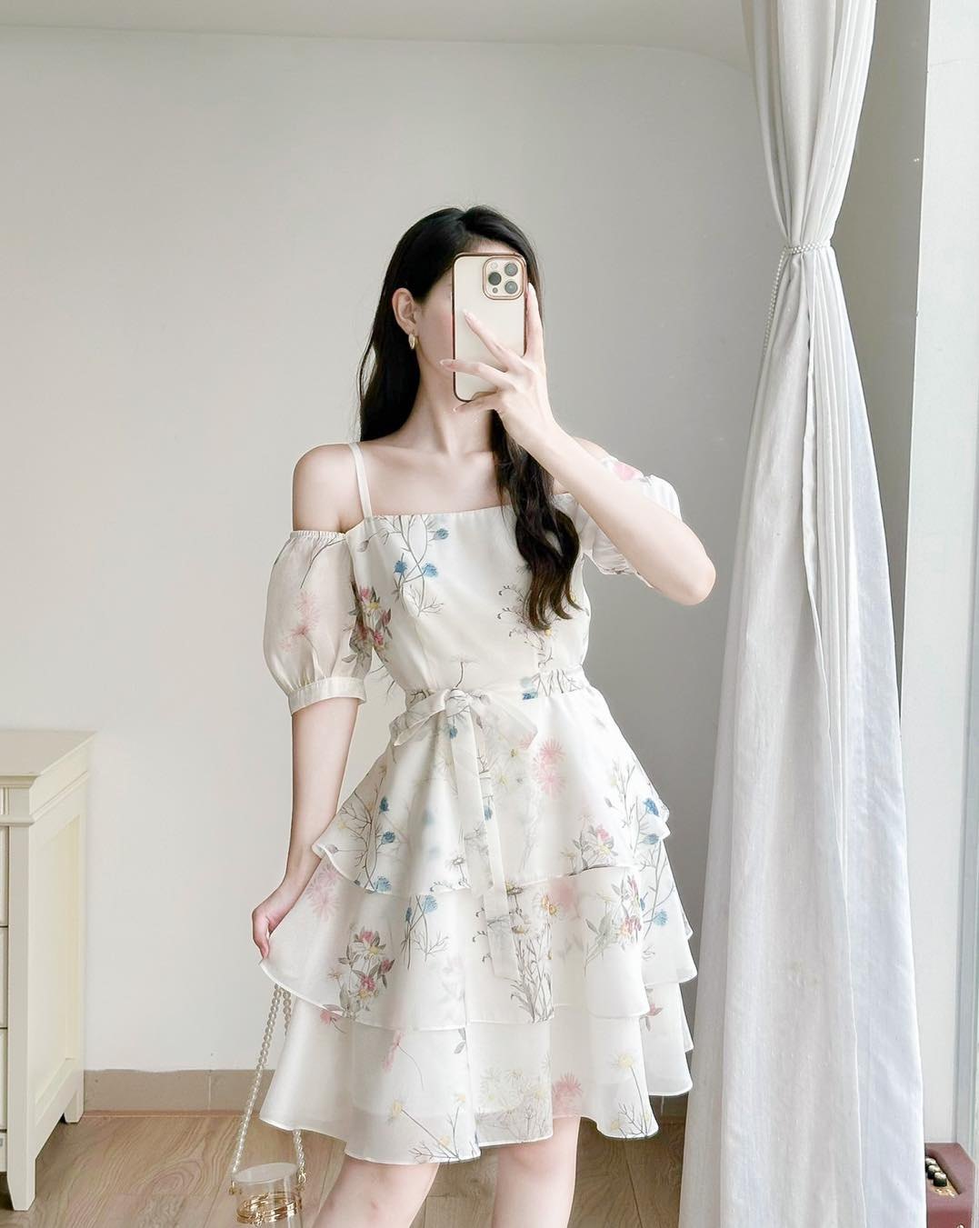 Váy voan hoa 3 tầng thắt nơ eo