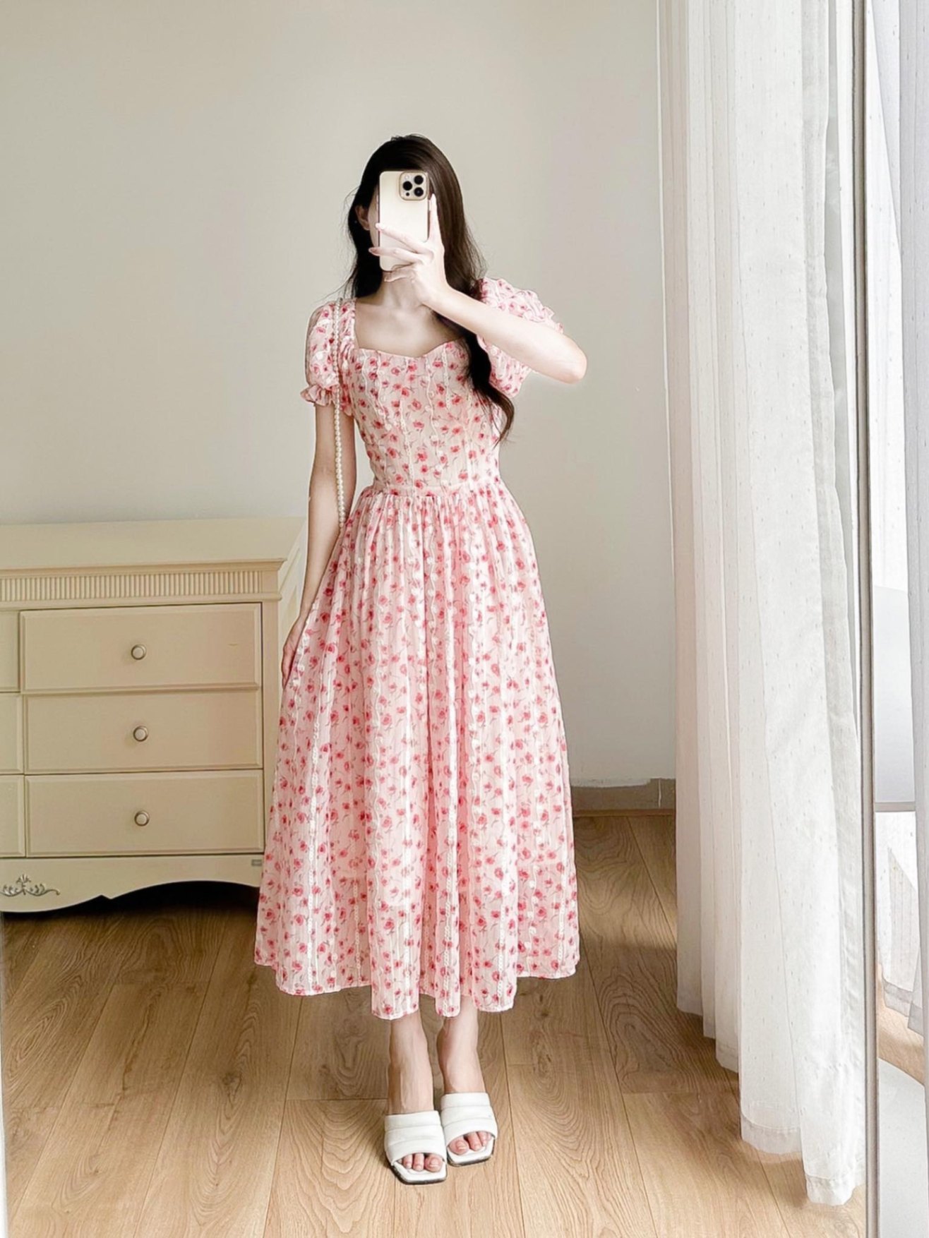 Váy voan hoa ngắn tay chun vai